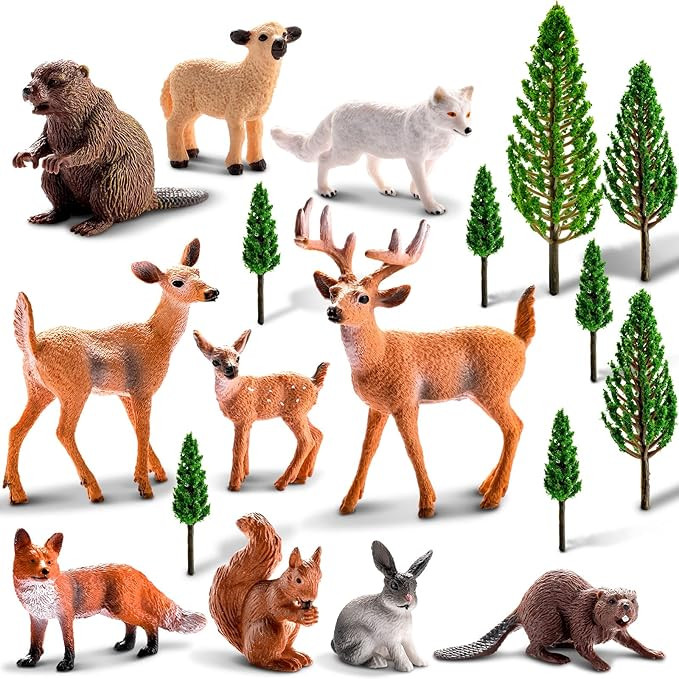 18 Pcs Forest Animals Figurines Woodland Animals Model Trees Kit Miniature Plastic Animals Realis... | Amazon (US)