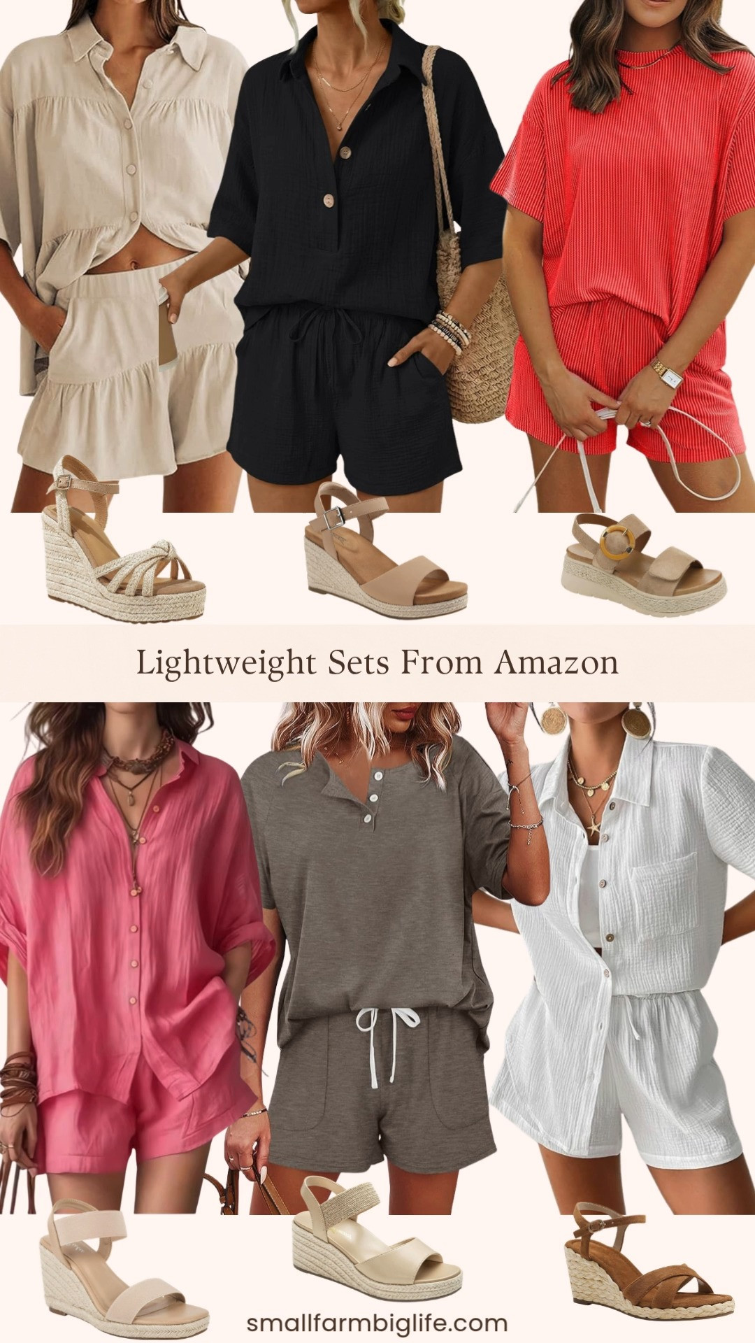 More lightweight matching sets and espadrille wedge sandals from Amazon because you loved the last roundup so much! From ruffled shirt sets and gauze button down styles to linen lounge sets, cover up sets, and the prettiest colors including red, pink, black, and neutral tones, paired with the most comfortable platform espadrille wedge sandals in every shade of tan and brown, these are the easy and effortless summer combinations that work for vacation, weekends, and everything in between. Linking everything below! 

 #LTKootd #LTKSeasonal #LTKOver40
