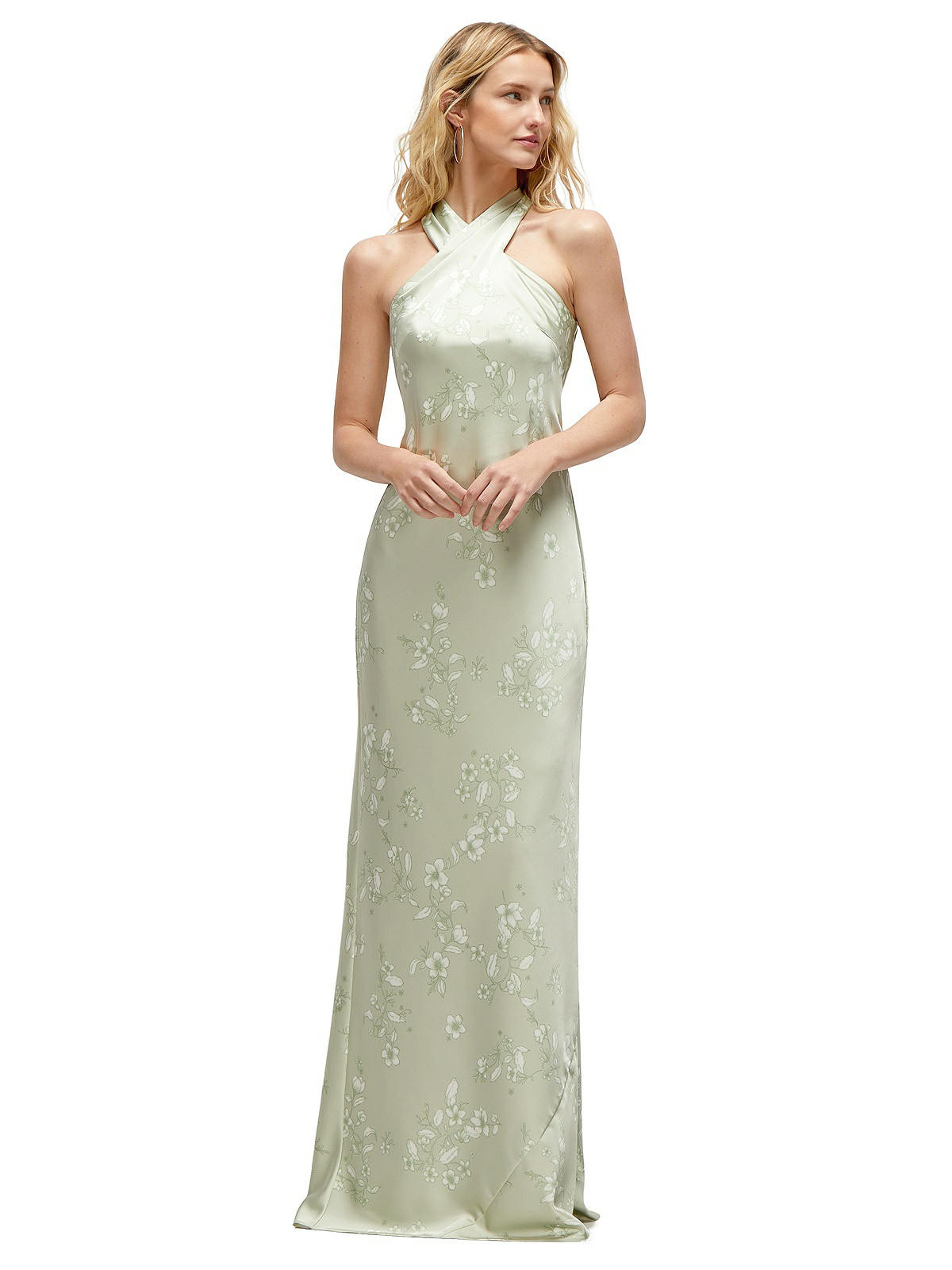 Floral Twist Pleated Halter Bias Satin Maxi Dress with Self-Tie Bow Back in Vintage Primrose Cela... | The Dessy Group