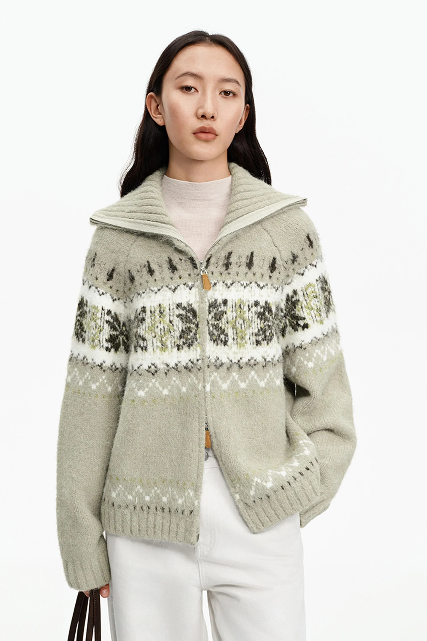 SELFWHO Wool Blend Fair Isle Collar Cardigan | SELFWHO