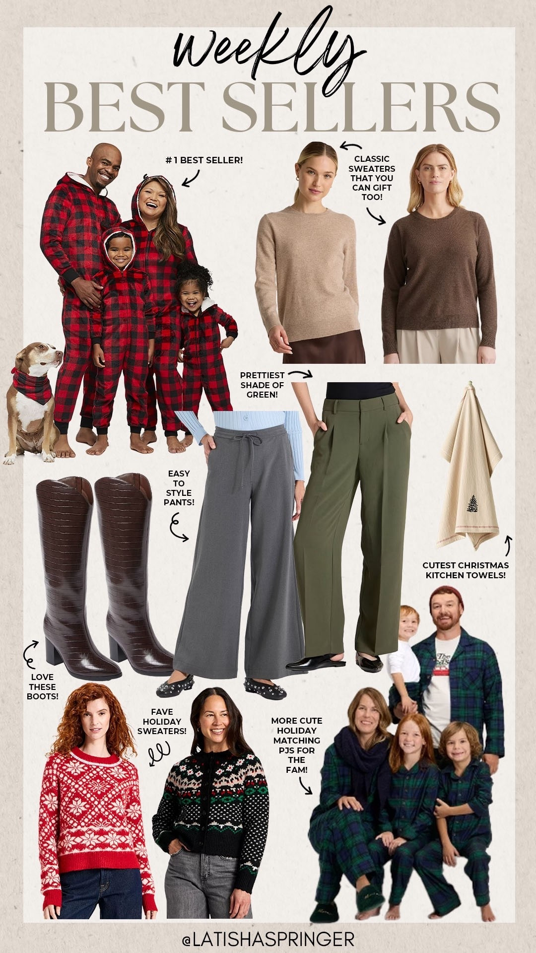 Last week’s best sellers!

#bestsellers

Family matching holiday pajamas. Target fashion. Target new arrivals. Target wide leg pants. Target snakeskin boots. Wool sweater. Holiday gift idea for her. Target holiday sweater  

#LTKSeasonal #LTKHoliday #LTKFindsUnder100