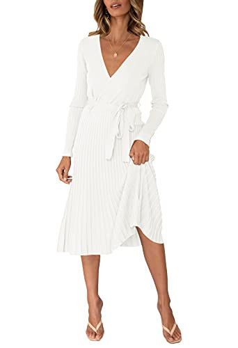 Pink Queen Women's Wrap Sweater Dress Long Sleeve Ribbed Swing Knit Midi Dresses with Belt White M | Amazon (US)