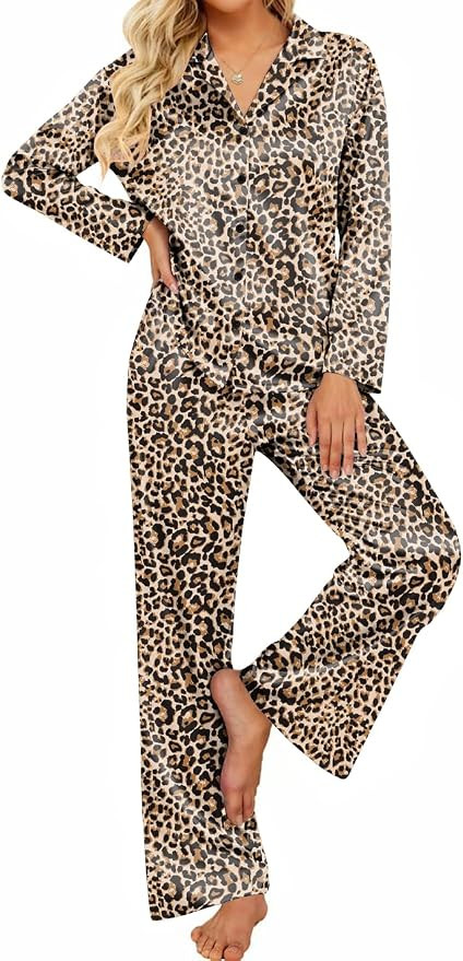 Ekouaer Women's Satin Silk Pajamas Long Sleeve Button Up Pjs Lounge Sets | Soft 2-Piece Set, Adju... | Amazon (US)