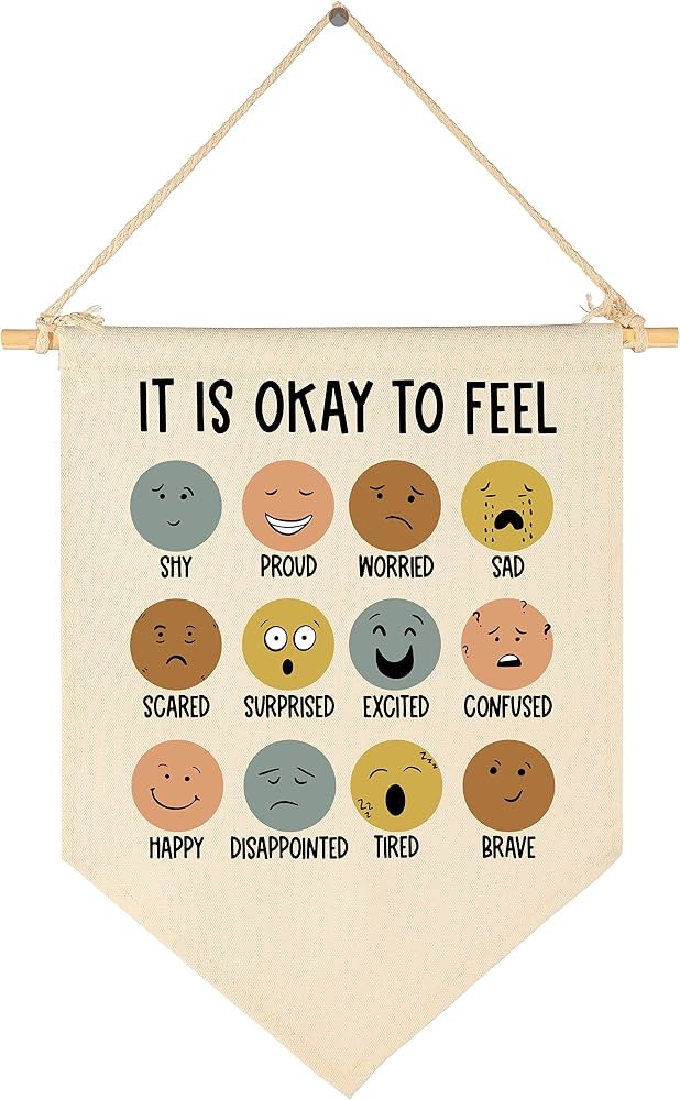 It is Okay to Feel-Mental Health-Canvas Hanging Pennant Flag Banner Wall Sign Decor Gift for Classroom Nursery Bedroom Playroom Game Room Front Door Baby Kids Girl Boy Girl-Birthday Christmas Gift | Amazon (US)
