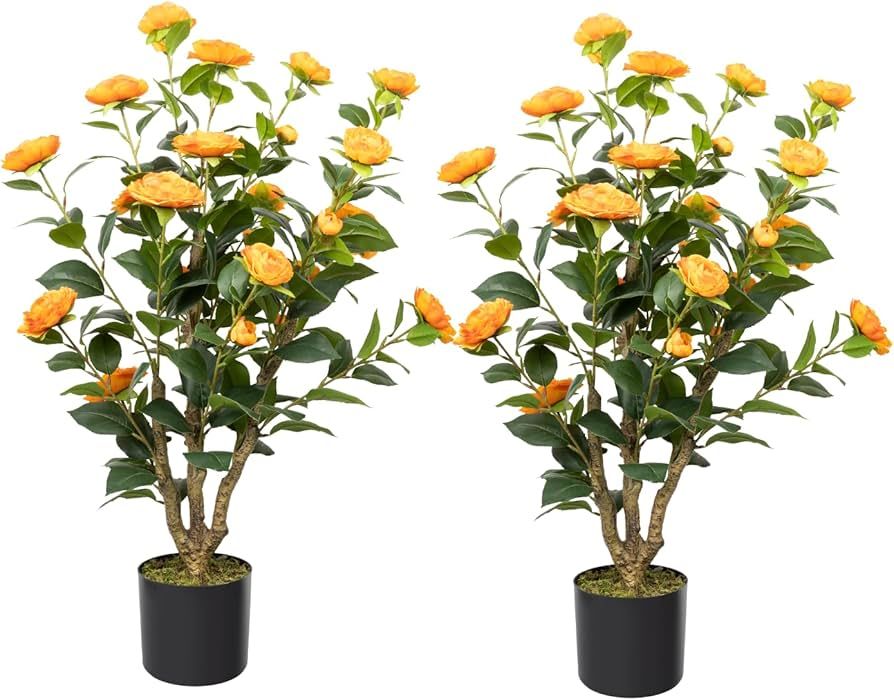 Artificial Camellia Tree, 3FT Faux Camellia Plant in Pot with Orange Flowers for Spring Home Fron... | Amazon (US)