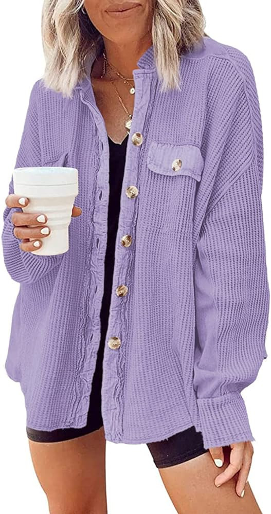 Yanekop Waffle Knit Button Down Shirt Womens Shacket Oversized Long Sleeve Shirt Jacket Trendy Ou... | Amazon (US)