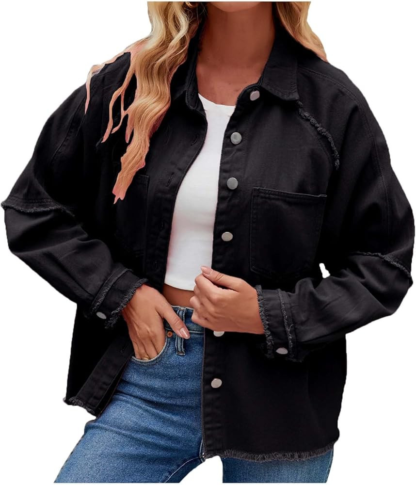 Denim Jackets for Women Long Sleeve Collar Neck Plain Outfit Loose Plus Size Coat Winter Fall Cow... | Amazon (CA)