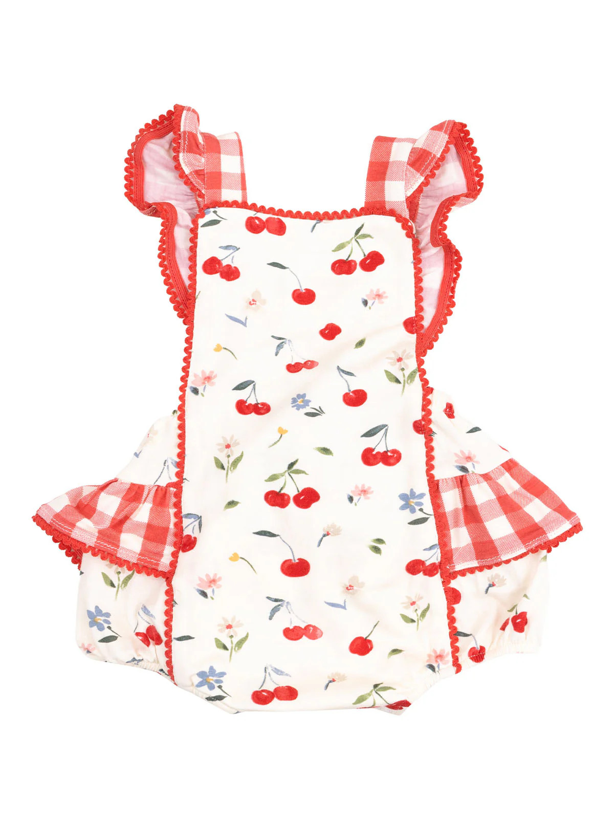 Ric-Rac Ruffle Sunsuit, Watercolor Cherries + Gingham | SpearmintLOVE