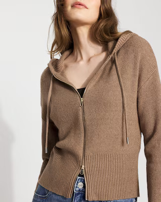 Rib Knit Zip Hooded Sweater Jacket | White House Black Market