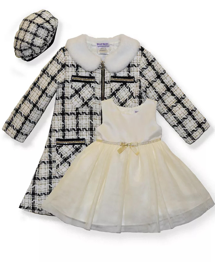 Little Girls Boucle Coat with Glitter Tulle Dress and Beret Hat Set | Macy's