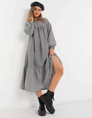 ASOS DESIGN midi smock dress with pephem in black/white check | ASOS (Global)