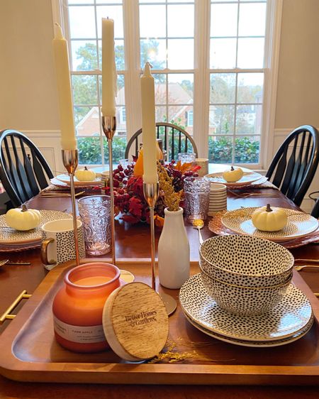 Fall Dining Room. 🍁🍂 Get gorgeous pieces perfect for entertaining. Love our spotted dinnerware & fall candles! 

#falldecor #falldecorations #diningtable #pumpkin #homedecor #home #fall #walmart #mantle #whitepumpkins #candleholder #dining #diningroom #diningroomtable #fallcenterpiece #pumpkinspice #pumpkinspicelatte 

#LTKSeasonal #LTKparties #LTKhome