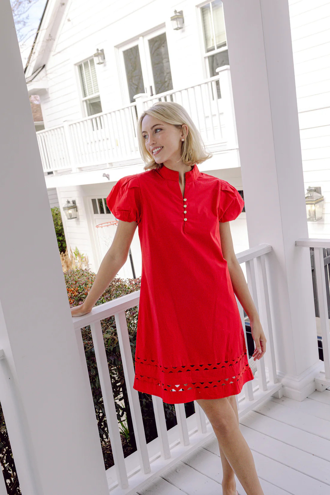 Red Button Front Puff Sleeve Mini Dress with Ric-Rac Inlay | Sail to Sable