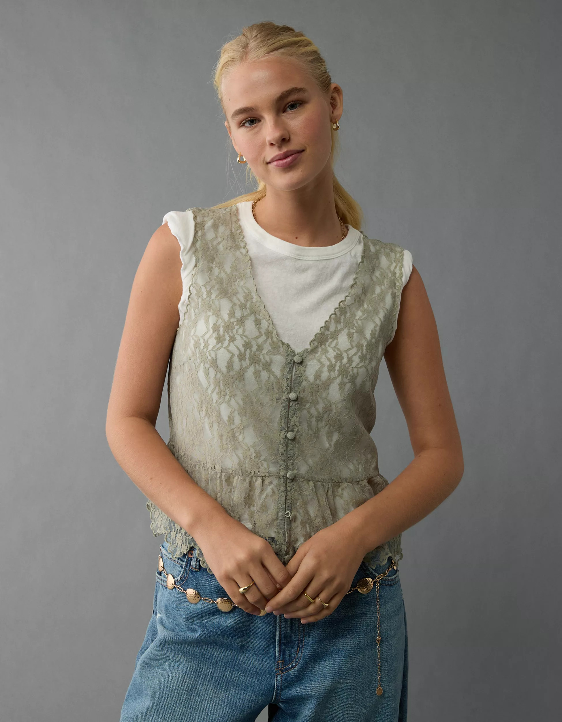 AE Lace Button-Up Vest | American Eagle Outfitters (US & CA)
