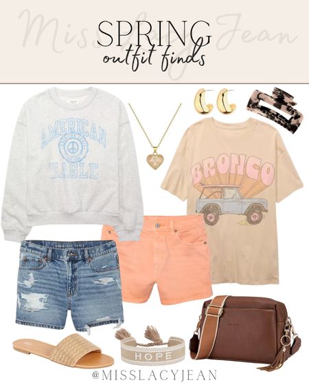 Spring outfit finds includes graphic tee, graphic crew neck, hair claw, gold necklace, gold earrings, crossbody bag, slide sandals, and knit bracelet.

Spring outfit, spring finds, spring shorts, denim shorts

#LTKitbag #LTKstyletip #LTKshoecrush