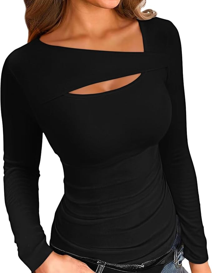 Long Sleeve Shirts Women Ribbed One Piece Cutout Tops Fashion Slim Fitted Clothes | Amazon (US)