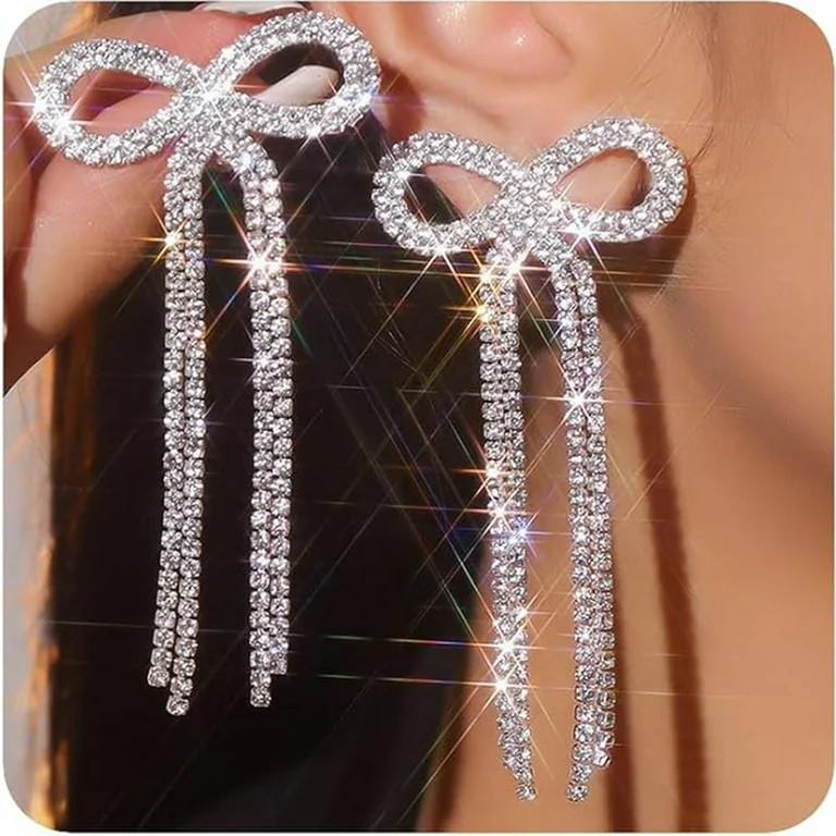Bow Earrings for Women Rhinestone Long Tassel Earrings Sparkly Crystal Dangle Earrings Bridal Sil... | Walmart (US)