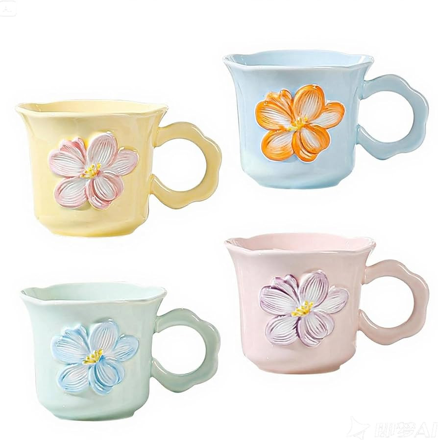 Cute Floral Coffee Mug Set of 4-12oz Ceramic Flower Embossed Cups with Petal Handles, Dishwasher ... | Amazon (US)