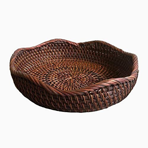 AMOLOLO Handmade Rattan Round Fruit Basket Food Storage Bowls Kitchen Organizer Snack Serving Bowl 9 Inch Wavy Edge Circle Tray Basket with 2” Deep Wall, Dark Brown Décor Display Tray Bowl, S | Amazon (US)