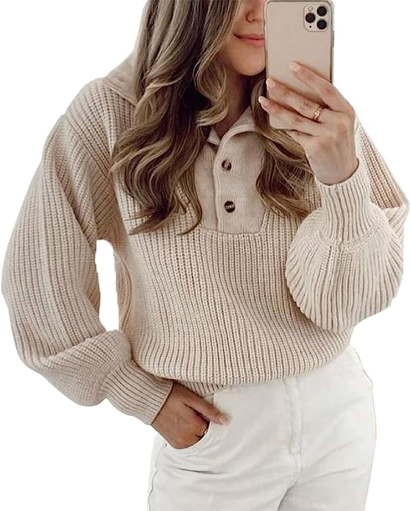 BTFBM Women Casual Button Up Turtleneck Sweaters Long Sleeve Knitted Solid Color Soft Loose Fall Win | Amazon (US)