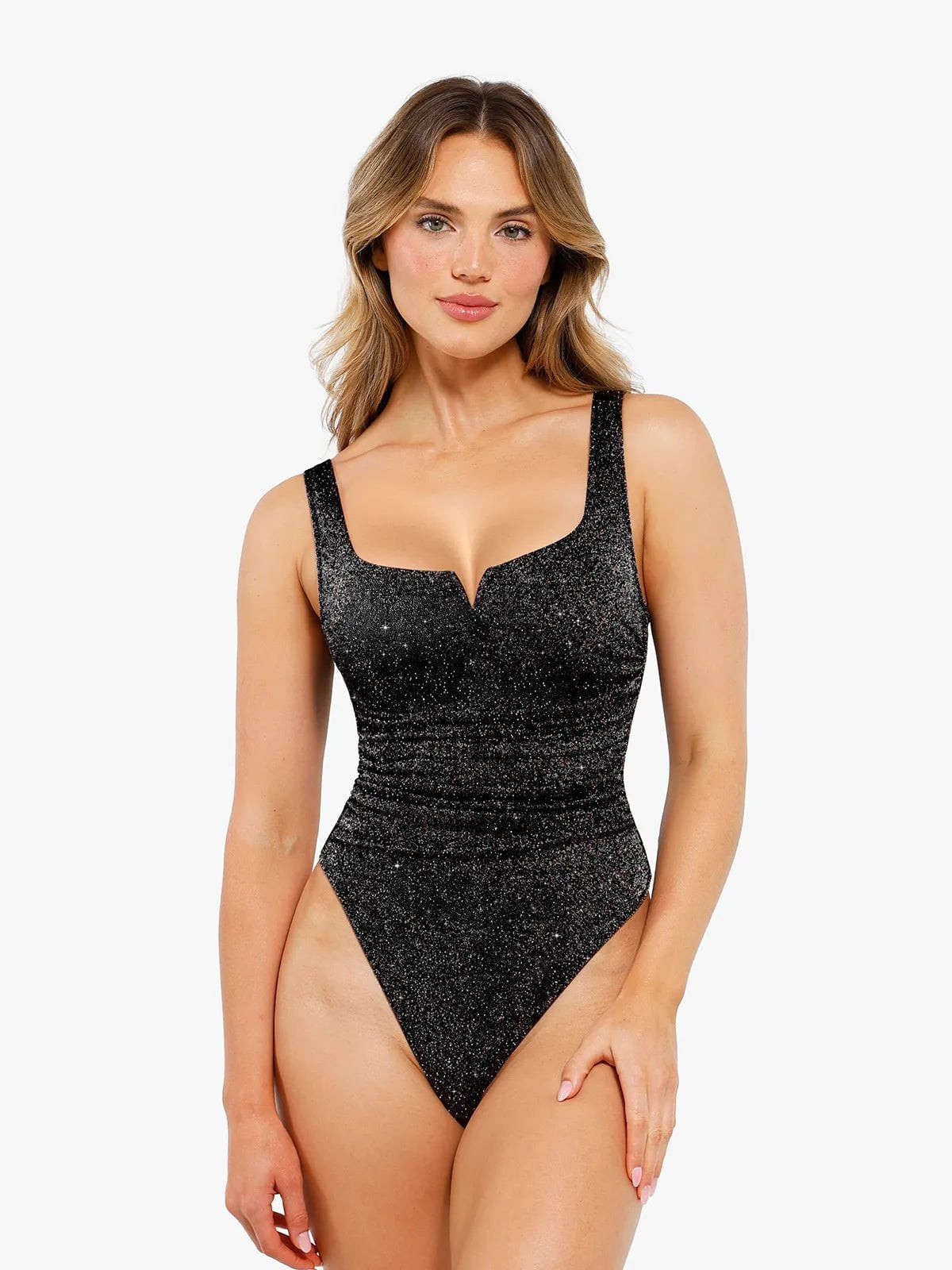 Shapewear Ruched Metallic Knit Square Neck Slimming Bodysuit - Black / M | Popilush