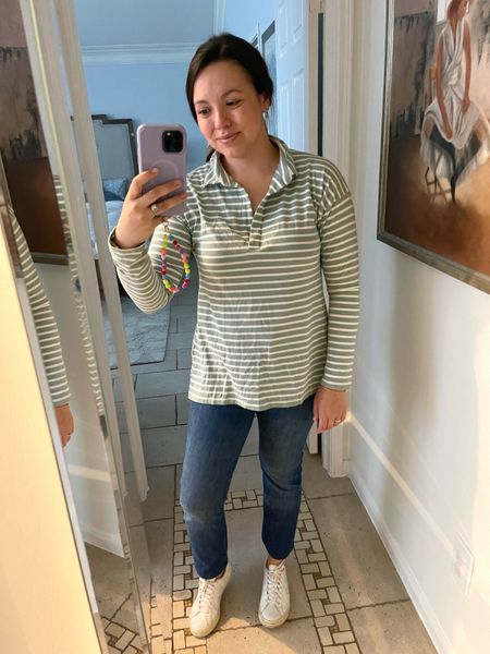 Alice Walk striped pullover, worth the $ 
So flattering and great quality. Runs true to size. 
Mother denim kick flare hem 


#LTKstyletip
