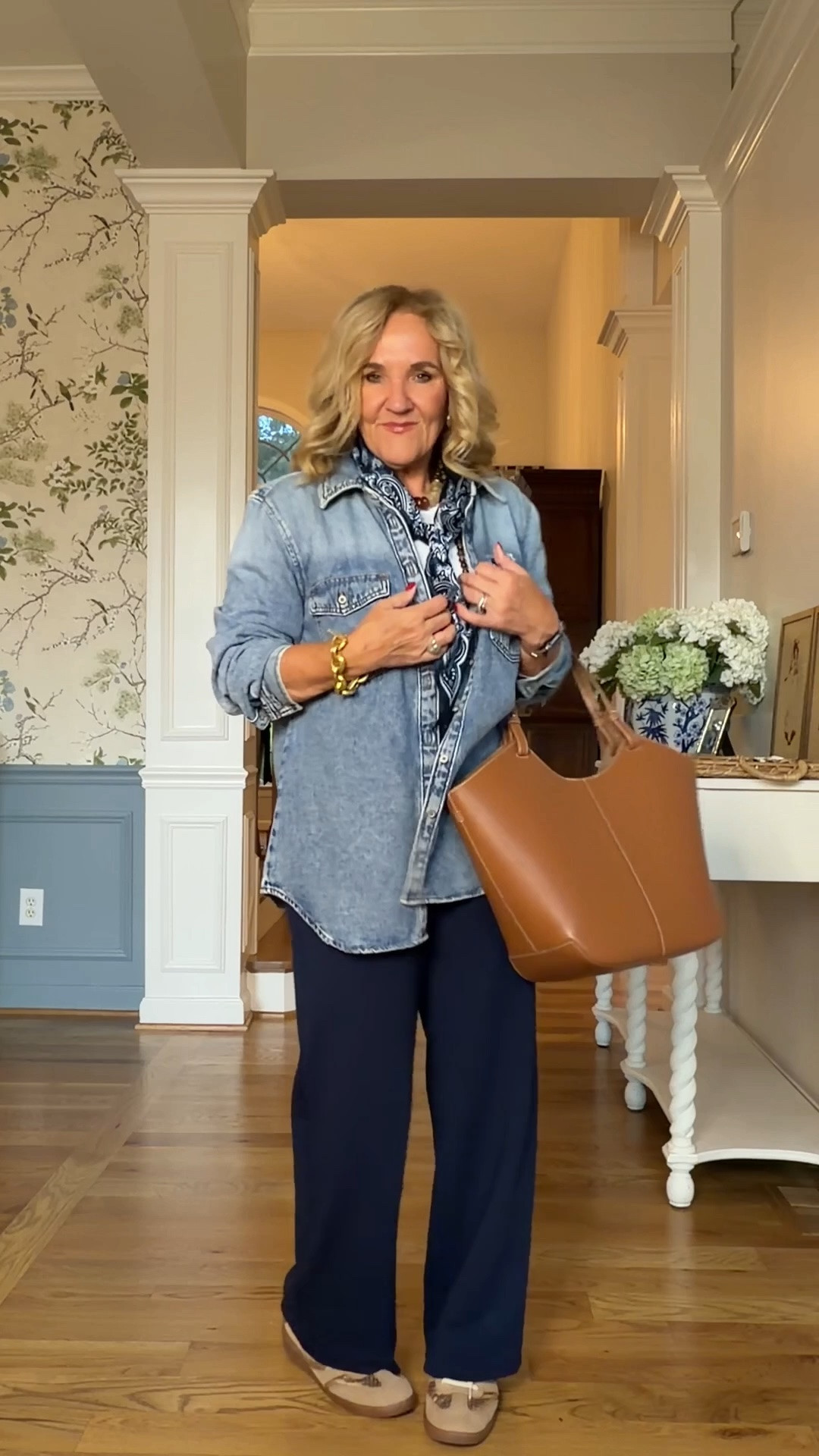 Loft ponte knit Palmer pants. I wear an 8 petite. 
Denim shirt size medium 

Fall outfit travel outfit

#LTKOver40 #LTKSaleAlert #LTKootd