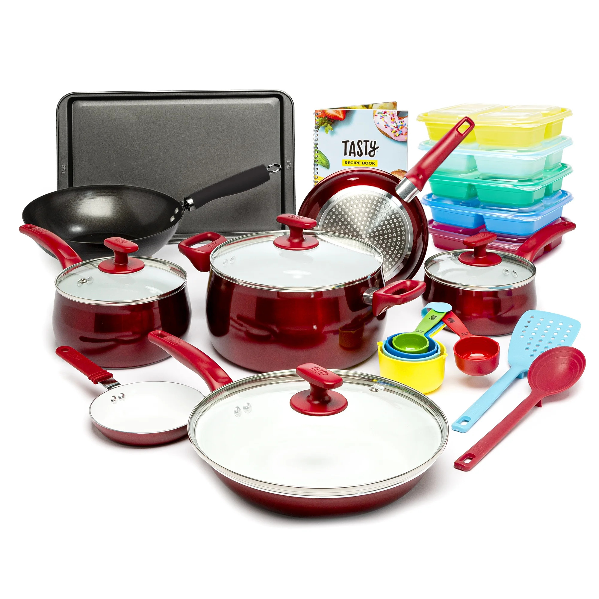 Tasty 24 Piece Titanium Ceramic Non-Stick Cookware Set, Dishwasher Safe, Red - Walmart.com | Walmart (US)