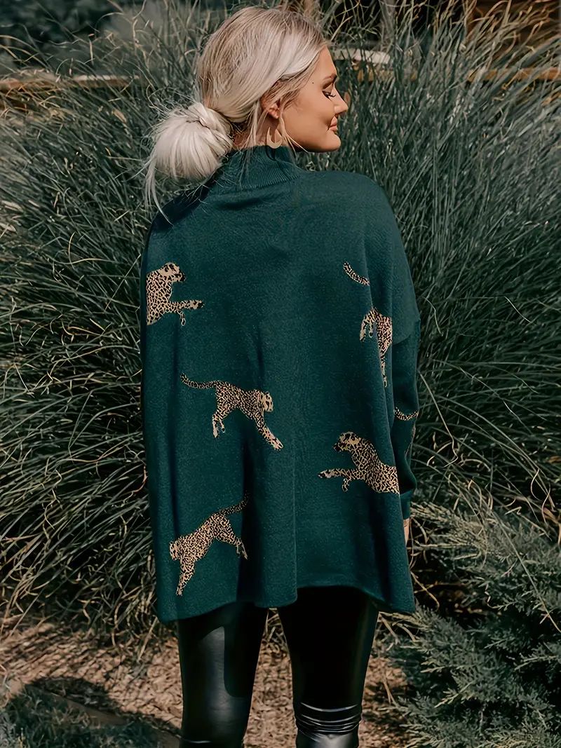 Leopard Pattern Mock Neck Sweater Elegant Long Sleeve - Temu | Temu Affiliate Program