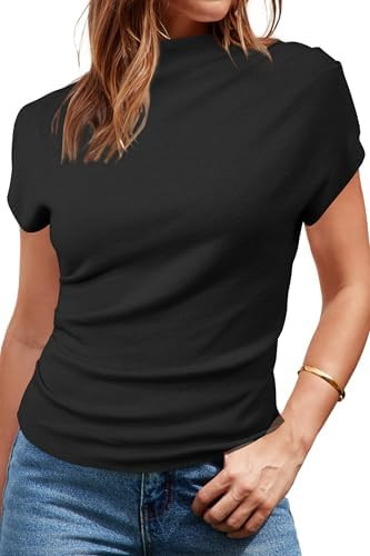 Arach&Cloz Womens Ruched Summer Tops Mock Neck Cap Sleeve Blouses T Shirts Short Sleeve Slim Fit ... | Amazon (US)