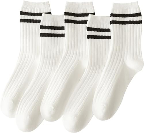 ACCFOD Women's Striped White Crew Socks - 5 Pairs Cute Retro Long Vintage Fashion Athletic Aesthetic High Socks - Size 5-9 | Amazon (US)
