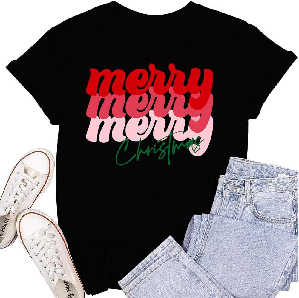 Christmas Shirts for Women Merry Merry Merry Christmas T-Shirt Xmas Holiday Tee Tops | Amazon (US)