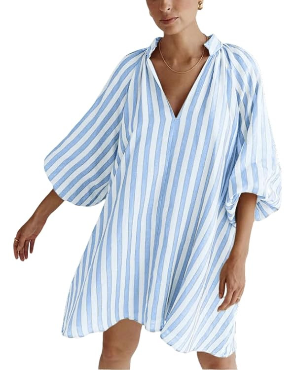 CHARTOU Women Summer Striped Beach Vacation Mini Dress 3/4 Sleeve Boho Chic Outfits Tunic Shift D... | Amazon (US)
