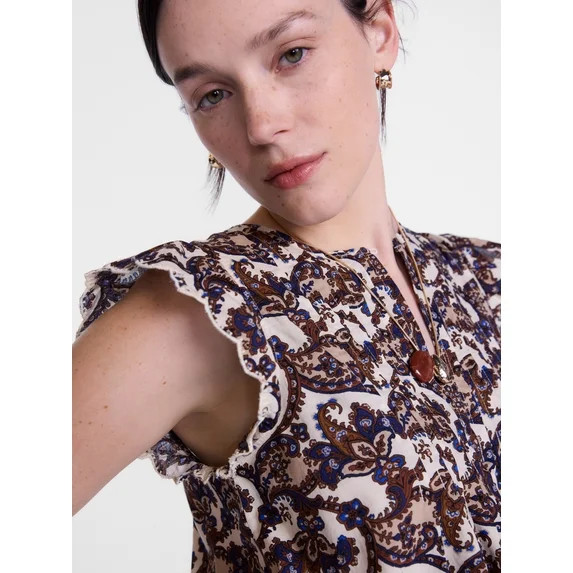 Scenario Women's and Women's Plus Short Sleeve Pleated Embroidered Printed Top, Sizes XS-4X | Walmart (US)