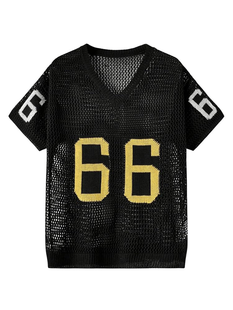 Verdusa Men's Jersey Shirt Letter Graphic Sweaters Hollow Out Knit Tops Vintage Short Sleeve Pull... | Amazon (US)