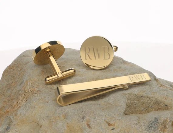 Personalized 14k Gold Plated Cuff links Tie Bar clip Set | Etsy | Etsy (US)