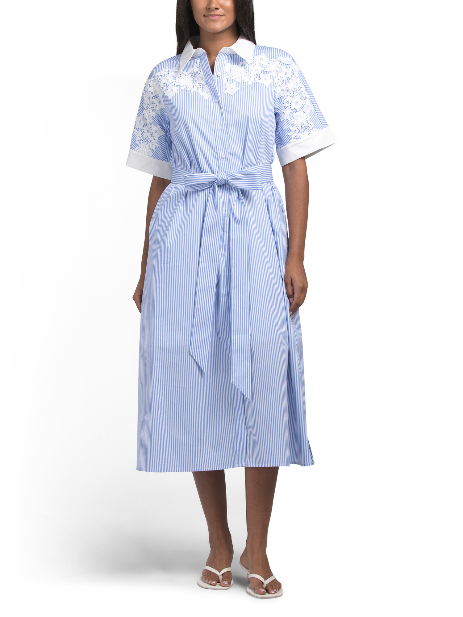 Short Sleeve Floral Applique Striped Midi Dress | TJ Maxx