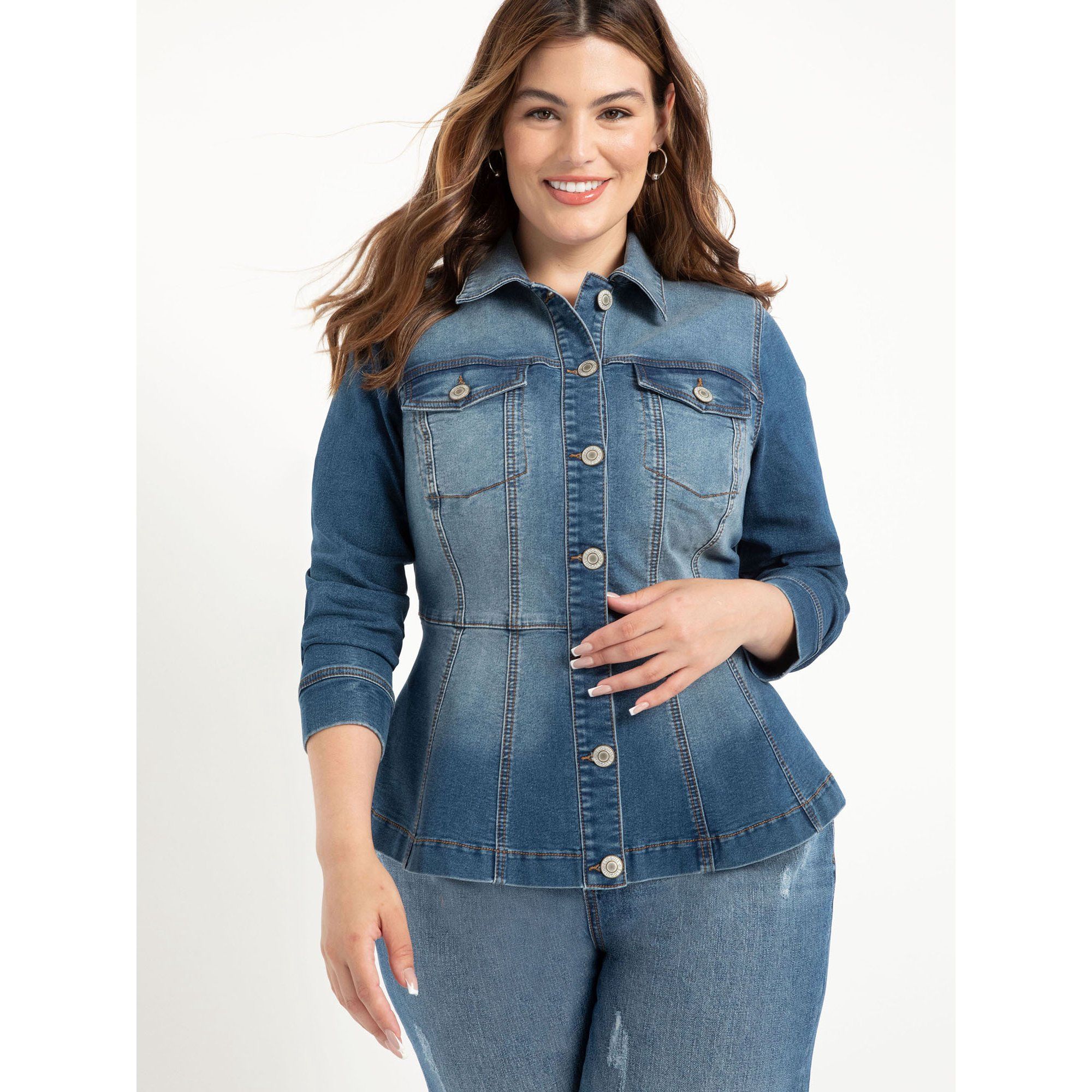 ELOQUII Elements Women's Plus Size Denim Peplum Jacket | Walmart (US)