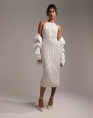 ASOS DESIGN pearl and sequin embellished halter midi dress in ivory | ASOS (Global)