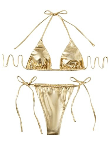 Verdusa Women's 2 Piece Bathing Suit Glitter Triangle Top Tie Side Thong Bikini Swimsuits Gold Small | Amazon (US)