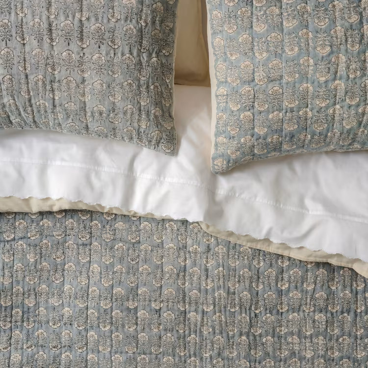 Silver Blue Flora Block Print Quilt + Sham Set (King) | Magnolia