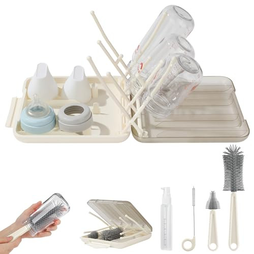 6 in 1 Baby Bottle Brush Set,Bottle Cleaner Brush Kit with Silicone Bottle Brush,Drying Rack,Nipple Brush,Straw Brush,Soap Dispenser&Storage Box,Portable Baby Essentials for Home&Travel (White) | Amazon (US)