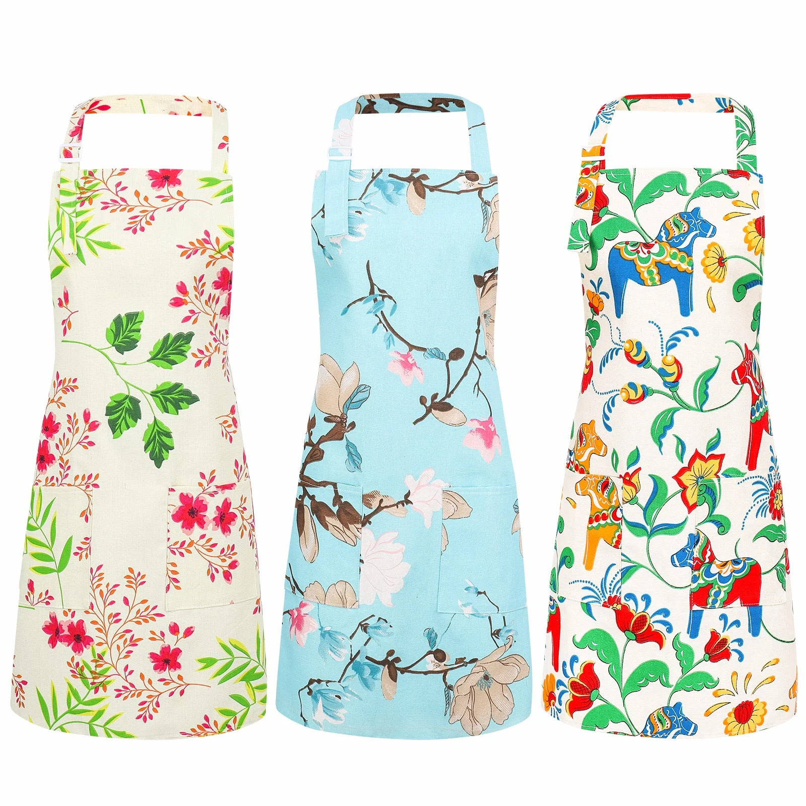 AOWOO 3 Pack Floral Aprons for Women - Adjustable Kitchen Aprons with 2 Pockets & Neck Strap, Mul... | Walmart (US)
