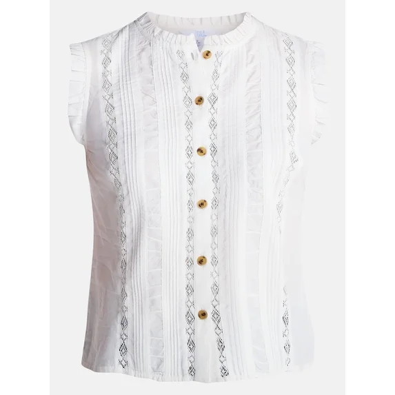 Time and Tru Women's Lace Inset Sleeveless Cotton Top, Sizes XS-XXXL | Walmart (US)