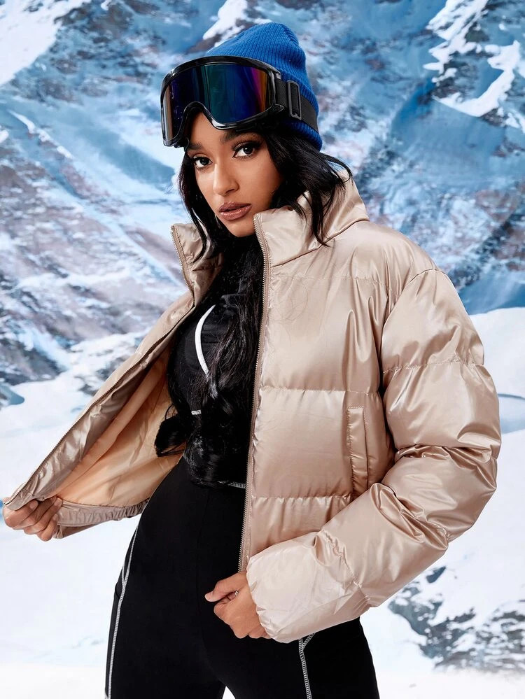 Solid PU Leather Padded Puffer Winter Coat | SHEIN