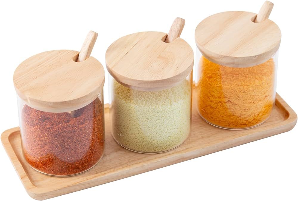 3 PCS Condiment Pots Set,Decorative Storage Seasoning Glass Container Box with Wood Spoon Lid and... | Amazon (US)