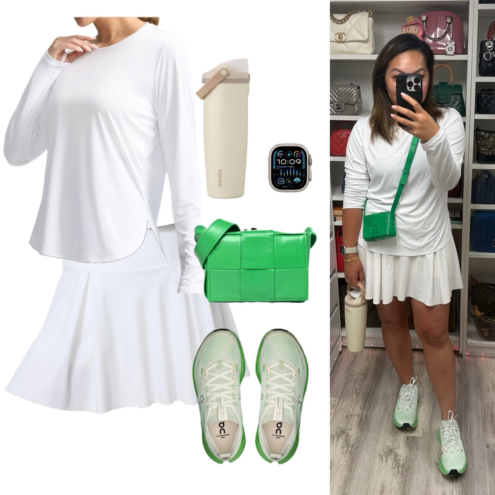 Top - Amazon
Skort - lululemon 
Owala water bottle
Apple Watch ⌚️ 
On sneakers 
Bottega veneta purse 👛 

#LTKItBag #LTKShoeCrush #LTKTravel