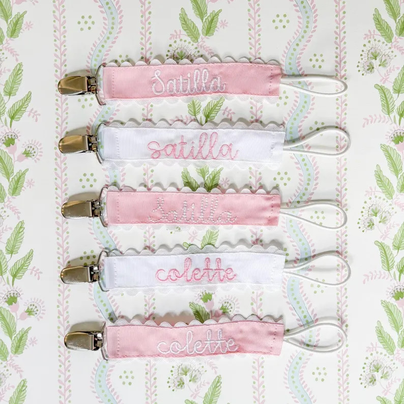 Custom Embroidered Pink Pacifier Clip, Personalized Name Baby Girl Baby Shower Gift | Etsy (US)