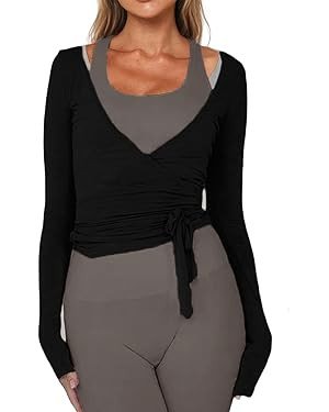 Women Wrap Tie Top Y2k Long SLeeve Ballet Workout Yoga Shirt Coquette Blouses | Amazon (US)