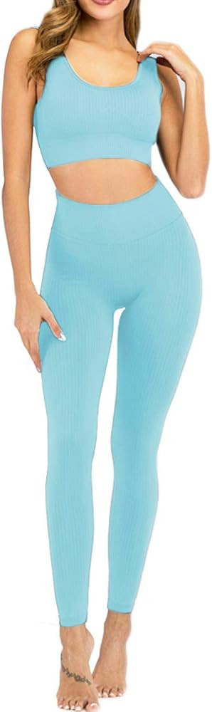 Buscando Ribbed Workout Sets for Women 2 Piece High Waist Seamless Leggings+Sports Bras Yoga Outf... | Amazon (US)